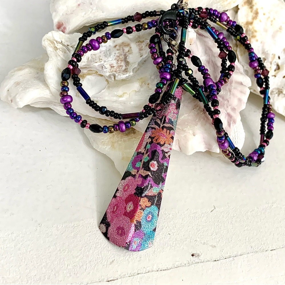 Purple & Black Floral Multi-strand Beaded Necklace - Picture 8 of 8